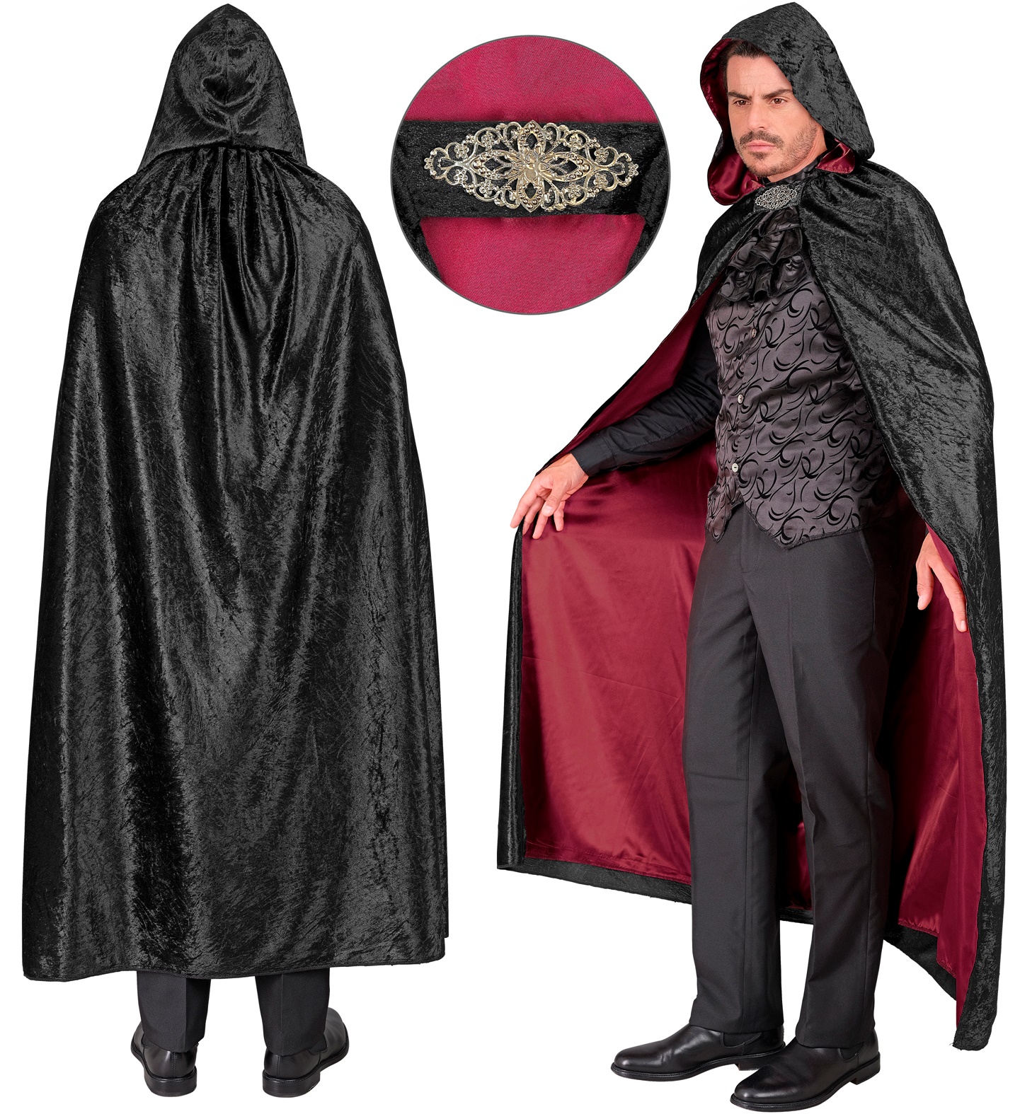 Capa De Terciopelo Negro Con Capucha De 170 Cm – Disfraz De Vampiro Unisex Con Guantes De Encaje – Halloween, Carnaval Y Cosplay