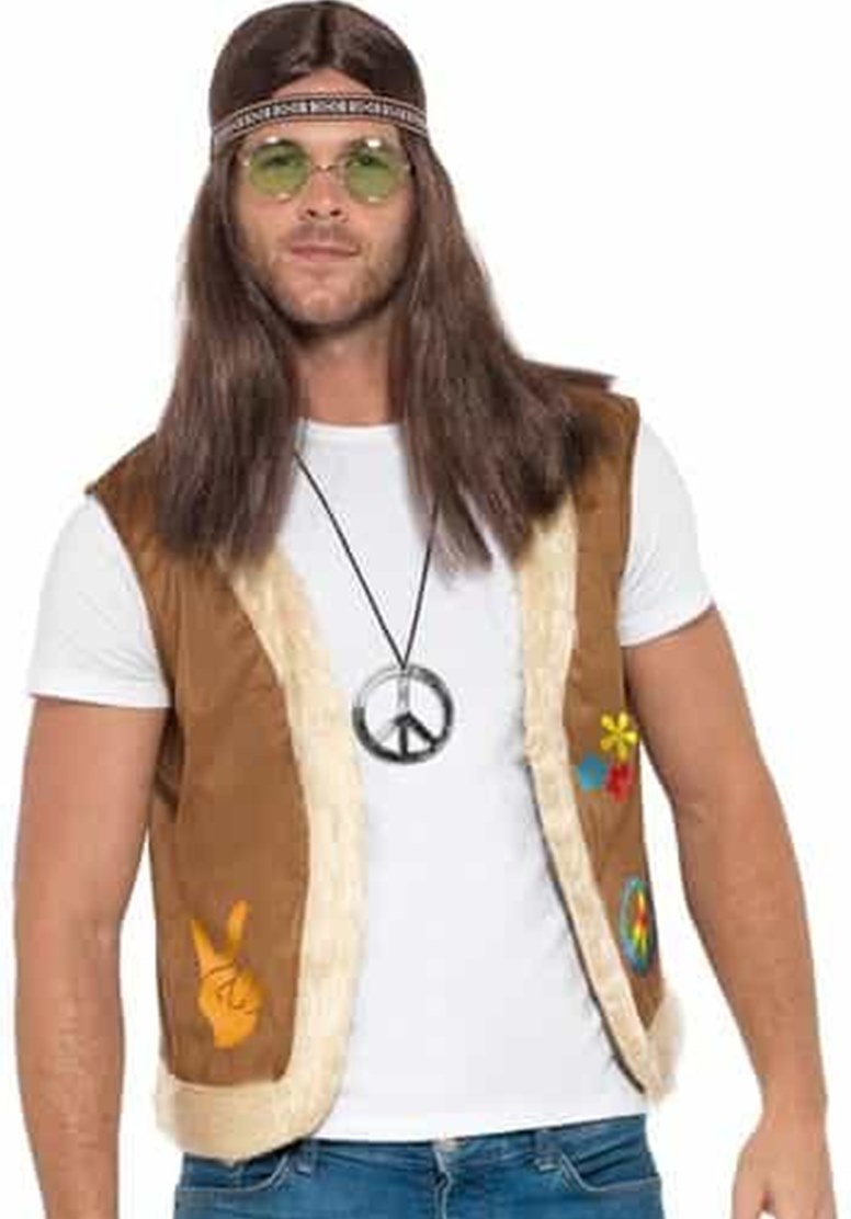 Fun Shack Chaleco Hippie Para Hombre – Marrón Con Flecos Y Símbolos De Paz, Talla M, Ideal Para Disfraces De Carnaval Y Fiestas De Los 70