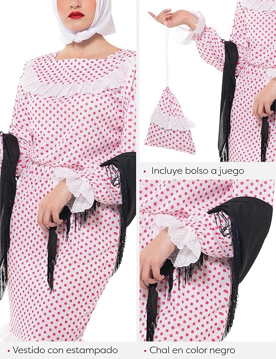 Disfraz De Chulapa Madrileña Coral Para Mujer – Vestido Largo Con Lunares, Chal Con Flecos Y Pañuelo Para San Isidro