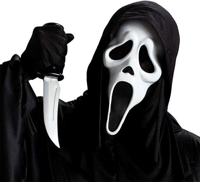 XFSRG Set De 2 Piezas Para Halloween: Máscara Scream Y Cuchillo Falso Con Sangre – Disfraz Terrorífico De Fantasma Para Fiestas Y Bromas