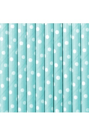 10 pajitas azules pastel con lunares blancos de papel