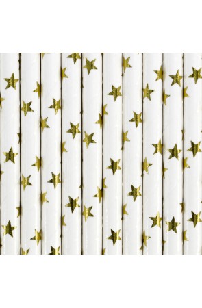 10 pajitas blancas con estrella doradas de papel para nochevieja - Happy New Year Collection
