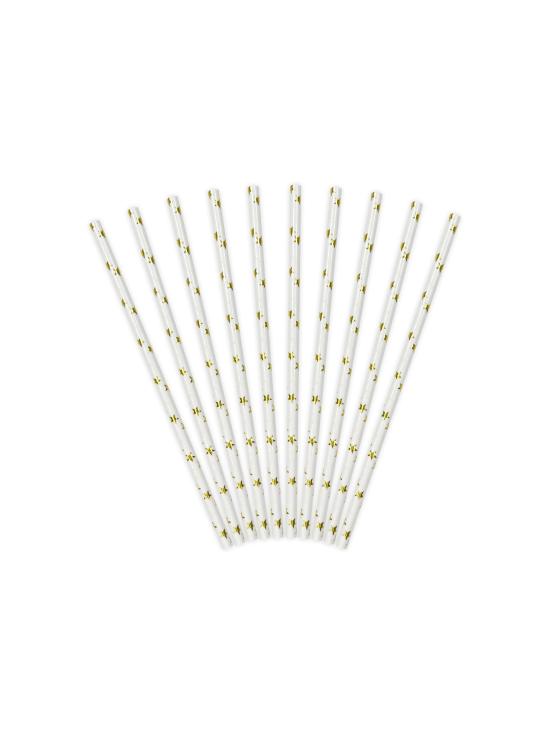 10 pajitas blancas con estrella doradas de papel para nochevieja - Happy New Year Collection