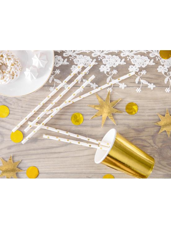 10 pajitas blancas con estrella doradas de papel para nochevieja - Happy New Year Collection