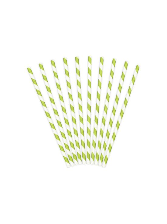10 pajitas con rayas verdes claro de papel