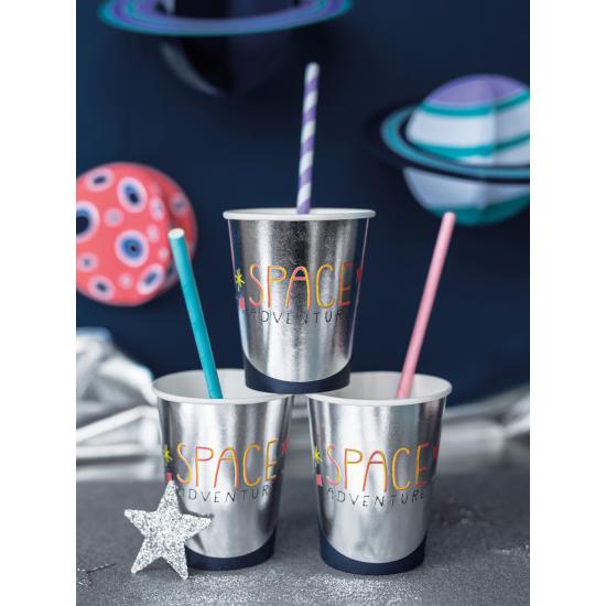 10 pajitas lilas con rayas blancas de papel - Space Party