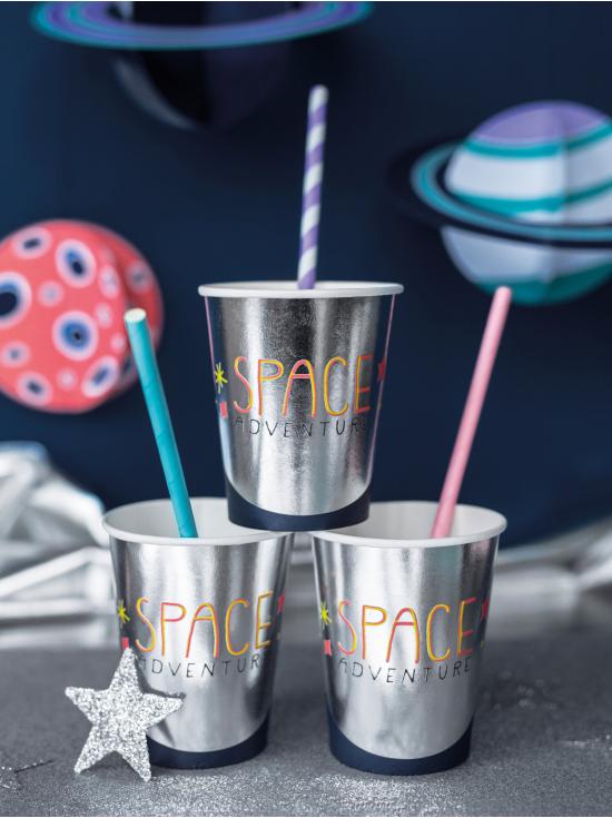 10 pajitas lilas con rayas blancas de papel - Space Party