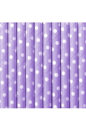 10 pajitas moradas con lunares blancos de papel