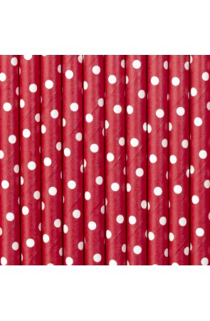 10 pajitas rojas con lunares blancos de papel