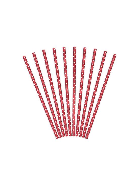 10 pajitas rojas con lunares blancos de papel