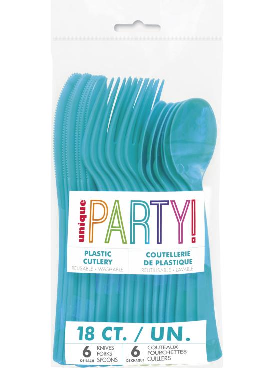 18 cubiertos color azul aguamarinade plástico - Línea Colores Básicos