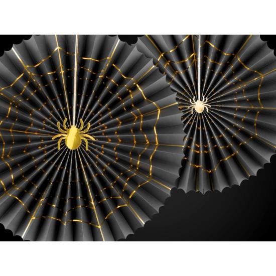 2 Abanicos de papel decorativos negros con araña dorada (32-40 cm) - Trick or Treat Collection