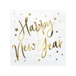 20 servilletas Fin de Año Happy New Year blancas y doradas (33 x 33 cm) - Jolly New Year