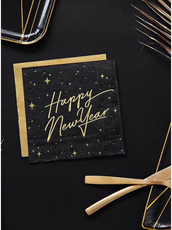 20 servilletas Fin de Año Happy New Year negras y doradas (33 x 33 cm) - New Year's Eve Collection