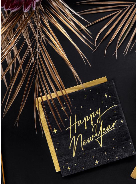 20 servilletas Fin de Año Happy New Year negras y doradas (33 x 33 cm) - New Year's Eve Collection