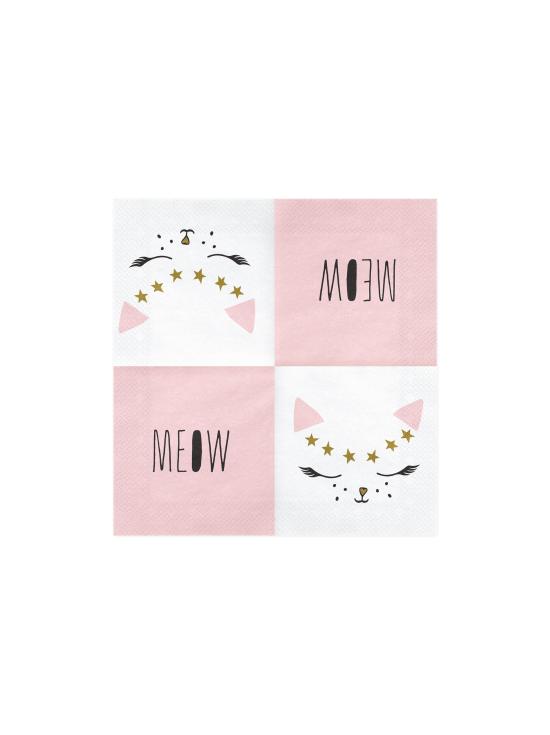 20 servilletas blancas con estampado de gato de papel (33x33 cm) - Meow Party