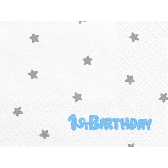 20 servilletas blancas con estrellas plateadas "1St Birthday" de pape (33x33 cm) - Blue 1st Birthday
