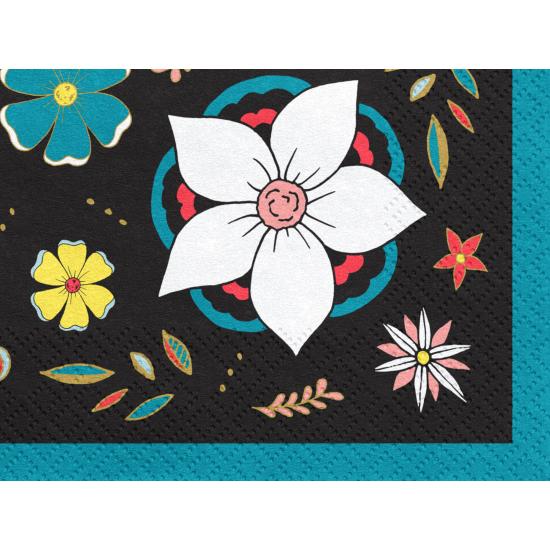 20 servilletas negra con estampado de flores de papel (33x33 cm) - Dia de Los Muertos Collection