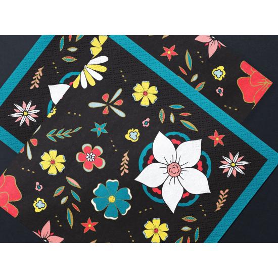 20 servilletas negra con estampado de flores de papel (33x33 cm) - Dia de Los Muertos Collection