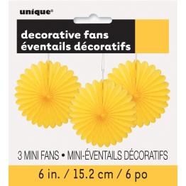 3 Abanicos de papel decorativos amarillos (15,2 cm) - Línea Colores Básicos