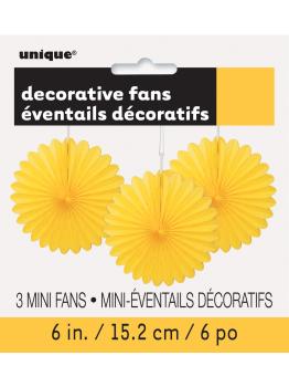 3 Abanicos de papel decorativos amarillos (15,2 cm) - Línea Colores Básicos