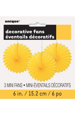 3 Abanicos de papel decorativos amarillos (15,2 cm) - Línea Colores Básicos