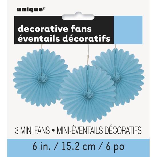 3 Abanicos de papel decorativos azul cielo (15,2 cm) - Línea Colores Básicos