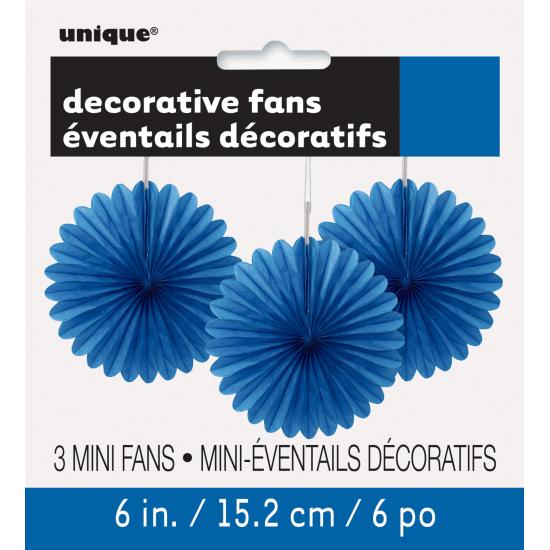 3 Abanicos de papel decorativos azul oscuro (15,2 cm) - Línea Colores Básicos