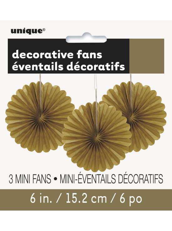 3 Abanicos de papel decorativos dorados (15,2 cm) - Línea Colores Básicos