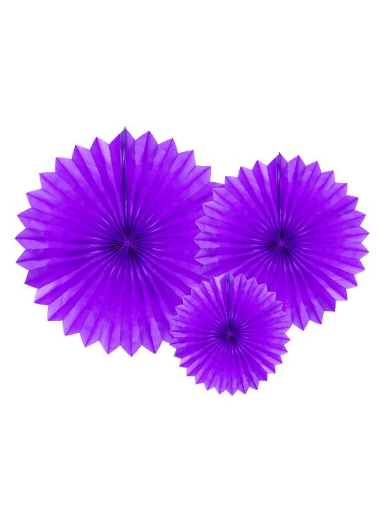 3 Abanicos de papel decorativos morados (25-20-30 cm)