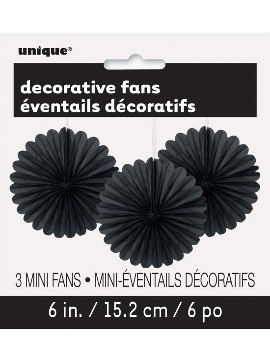 3 Abanicos de papel decorativos negros (15,2 cm) - Línea Colores Básicos