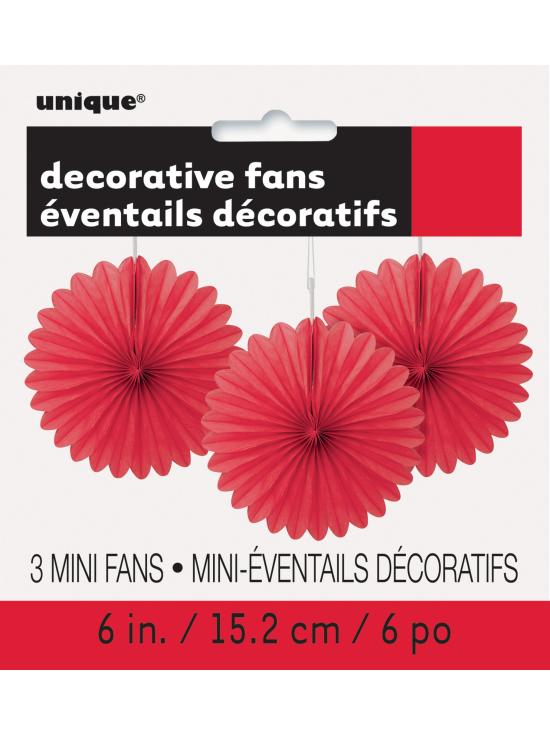 3 Abanicos de papel decorativos rojos (15,2 cm) - Línea Colores Básicos