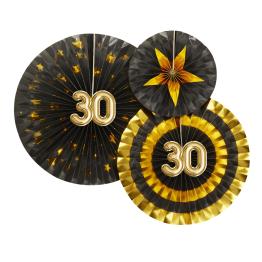 3 Abanicos de papel decorativos variados "30" (21-26-30 cm) - Glitz & Glamour Black & Gold