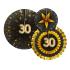 3 Abanicos de papel decorativos variados "30" (21-26-30 cm) - Glitz & Glamour Black & Gold