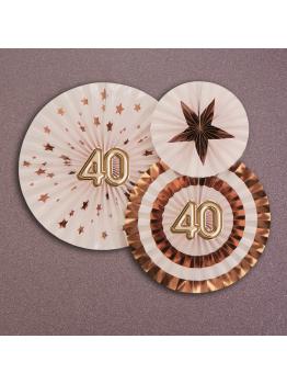 3 Abanicos de papel decorativos variados "40" (21-26-30 cm) - Glitz & Glamour Pink & Rose Gold