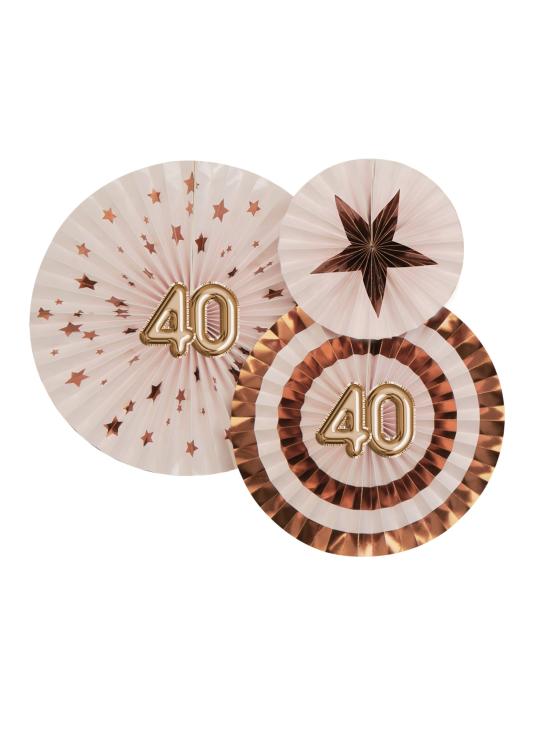 3 Abanicos de papel decorativos variados "40" (21-26-30 cm) - Glitz & Glamour Pink & Rose Gold