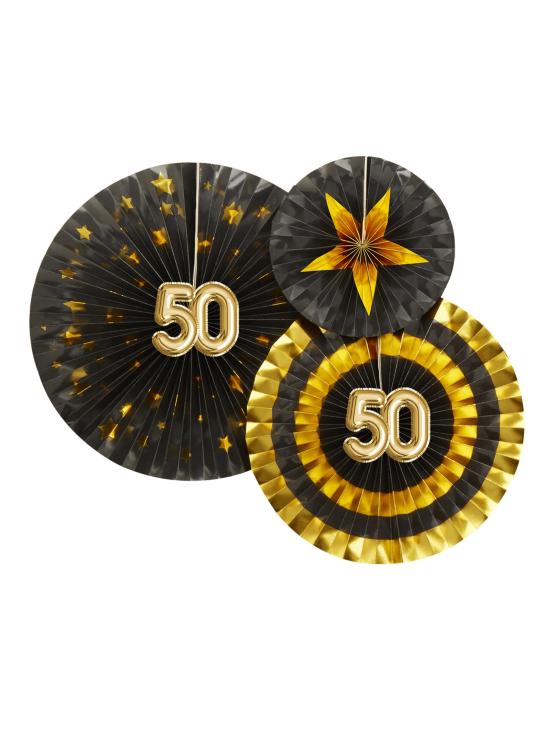 3 Abanicos de papel decorativos variados "50" (21-26-30 cm) - Glitz & Glamour Black & Gold