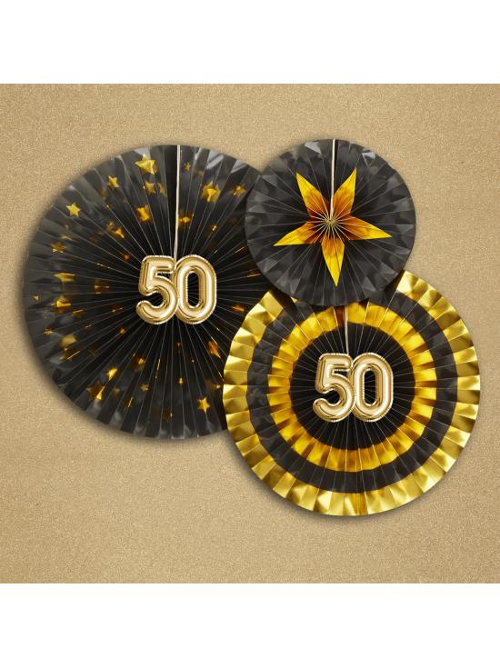 3 Abanicos de papel decorativos variados "50" (21-26-30 cm) - Glitz & Glamour Black & Gold