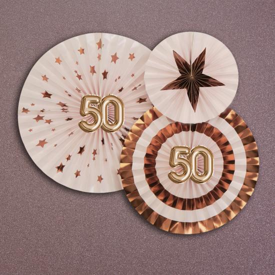 3 Abanicos de papel decorativos variados "50" (21-26-30 cm) - Glitz & Glamour Pink & Rose Gold 3 Abanicos de papel decorativos variados "50" (21-26-30 cm) - Glitz & Glamour Pink & Rose Gold