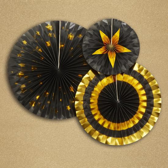 3 Abanicos de papel decorativos variados de papel (21-26-30 cm) - Glitz & Glamour Black & Gold