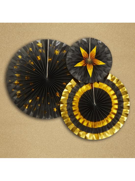 3 Abanicos de papel decorativos variados de papel (21-26-30 cm) - Glitz & Glamour Black & Gold