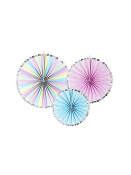 3 Abanicos de papel decorativos variados en tonos pastel y borde plateado (21-25-30 cm) - Unicorn
