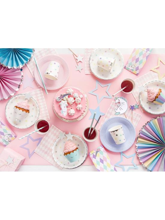 3 Abanicos de papel decorativos variados en tonos pastel y borde plateado (21-25-30 cm) - Unicorn