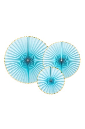 3 abanicos de papel decorativos azul cielo con borde dorado – Yummy
