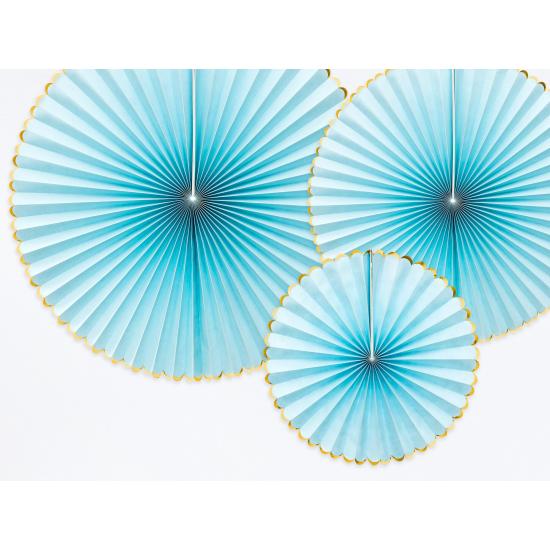 3 abanicos de papel decorativos azul cielo con borde dorado - Yummy