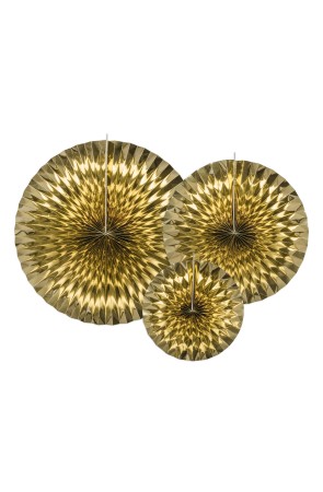 3 abanicos de papel decorativos dorados