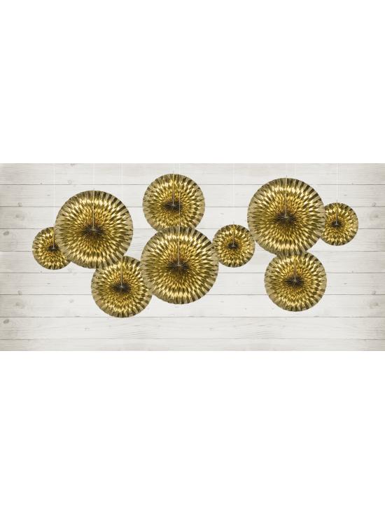 3 abanicos de papel decorativos dorados