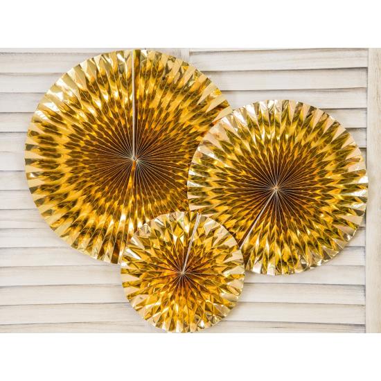 3 abanicos de papel decorativos dorados