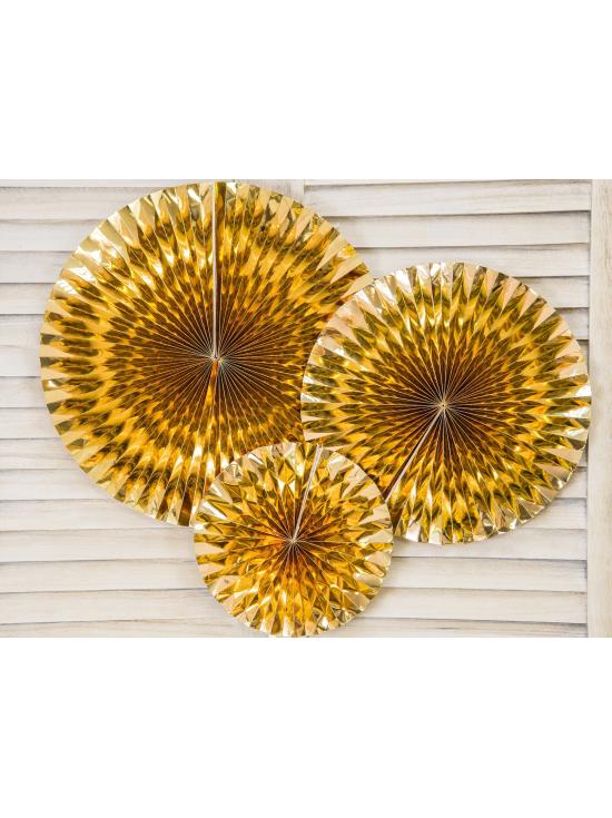 3 abanicos de papel decorativos dorados