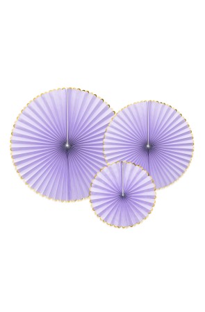 3 abanicos de papel decorativos lilas con borde dorado - Yummy
